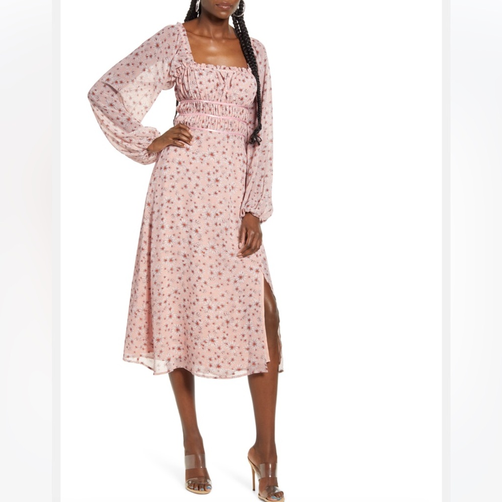 Wayf Pink Floral Midi Dress with Long Sleeves